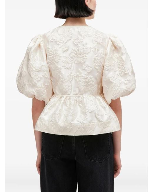 Ganni Blouse Met Pofmouwen En Strik in het White