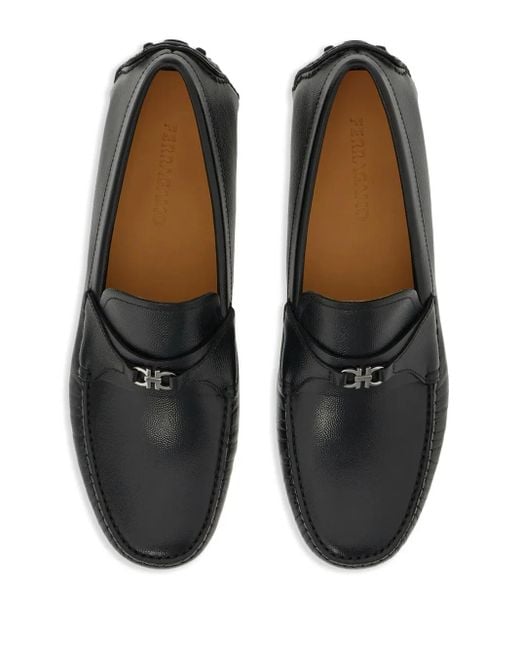 Ferragamo Black Gancini-Buckle Leather Loafers for men