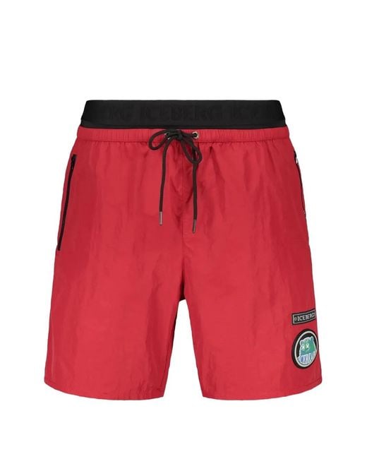 Iceberg Red Logo-Patch Drawstring Swim Shorts for men