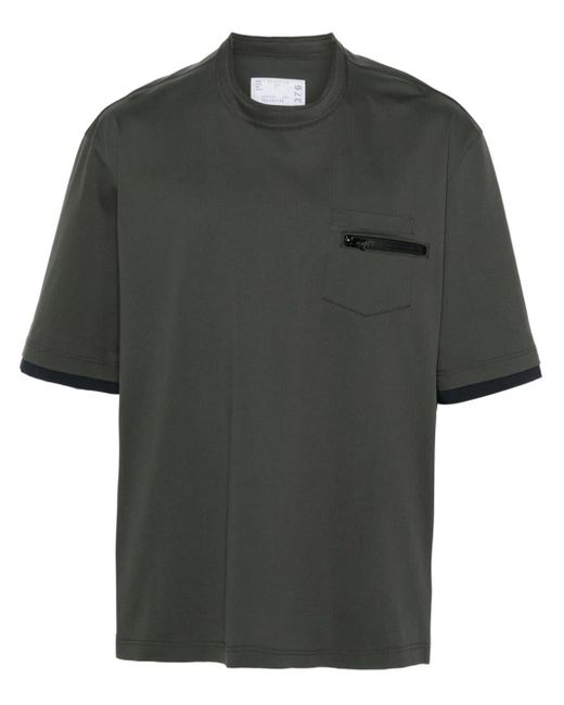 Sacai Green Panelled Crew-neck Cotton T-shirt for men