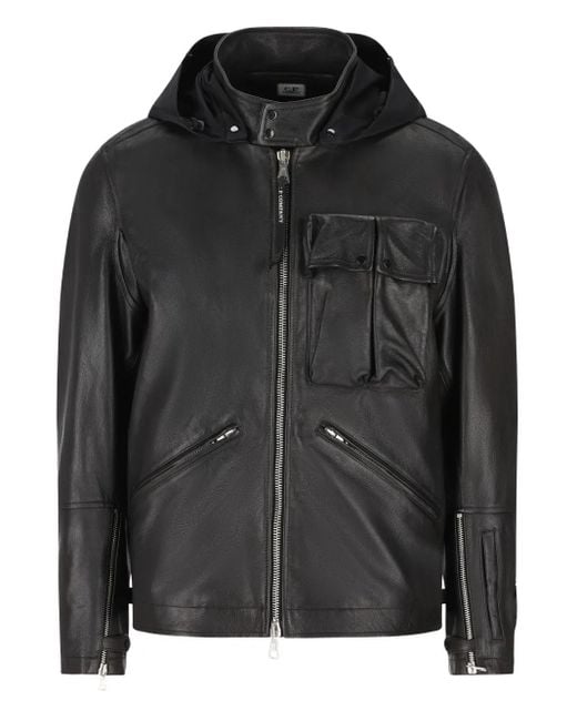 C P Company Black Goggle-Detail Leather Jacket for men