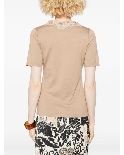 Fabiana Filippi Natural Lace-Detail V-Neck T-Shirt