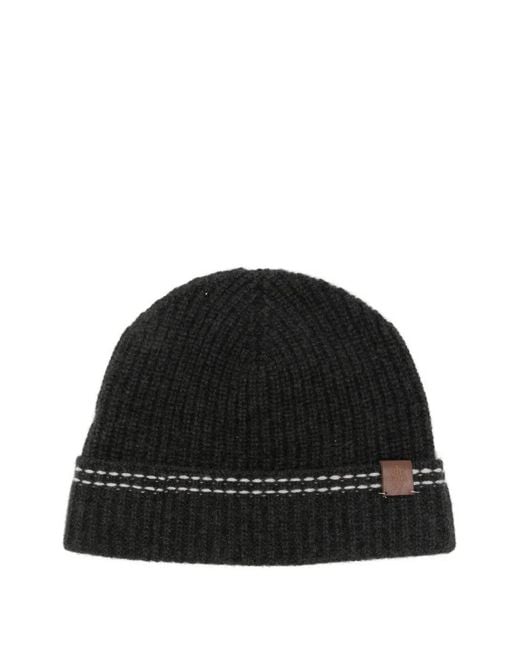 Eleventy Black Ribbed-Knit Striped Beanie Hat for men
