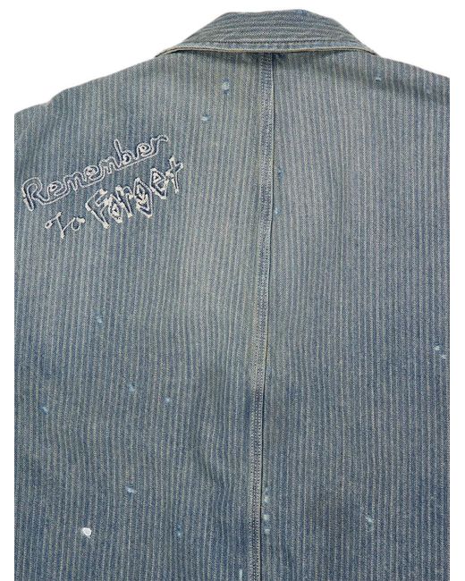 Maison Mihara Yasuhiro Blue Chore Stripe-Pattern Paint-Splatter Denim Jacket