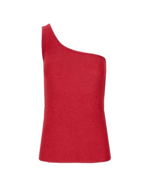 LA ROSE Red One-Shoulder Knitted Top