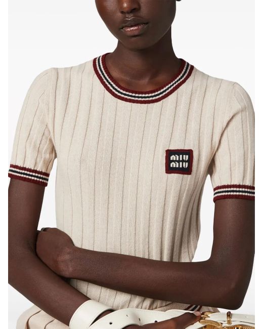 Miu Miu Natural Logo-Appliqué Cashmere Top