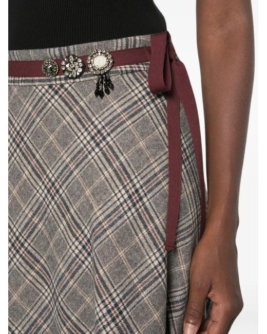 Max Mara Gray Check-Pattern Embellished-Belt Midi Skirt