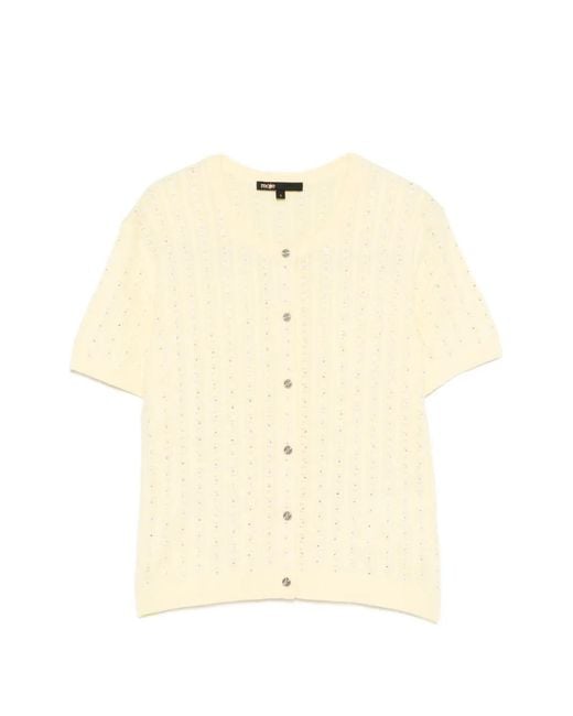 Maje Natural Cardigan With Rhinestone Neck