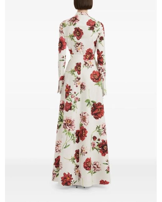 Vestido camisero largo con peonía estampada y detalle de cinturón Oscar de la Renta de color White