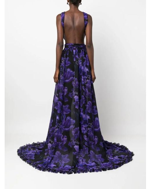 Philipp Plein Blue Chiffon-Kleid Mit Blumen-Print