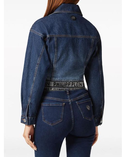 Philipp Plein Blue Crystal Cropped Denim Jacket