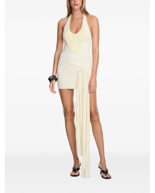 Axel 113 White Gigi Fringed-Neckline Draped-Skirt Fitted Mini Dress