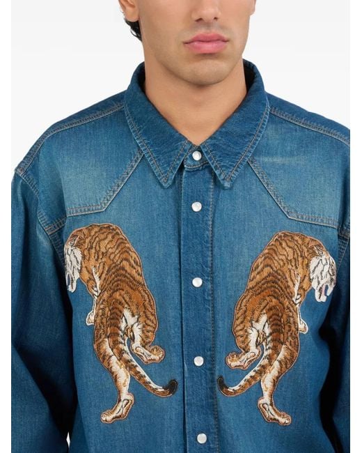 Roberto Cavalli Blue Tiger-Appliqué Shirt for men