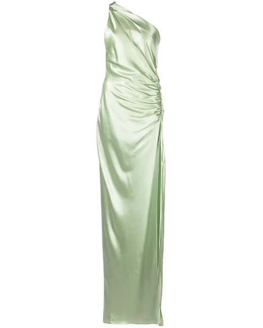Michelle Mason Green Gathered-Detail One-Shoulder Silk Gown