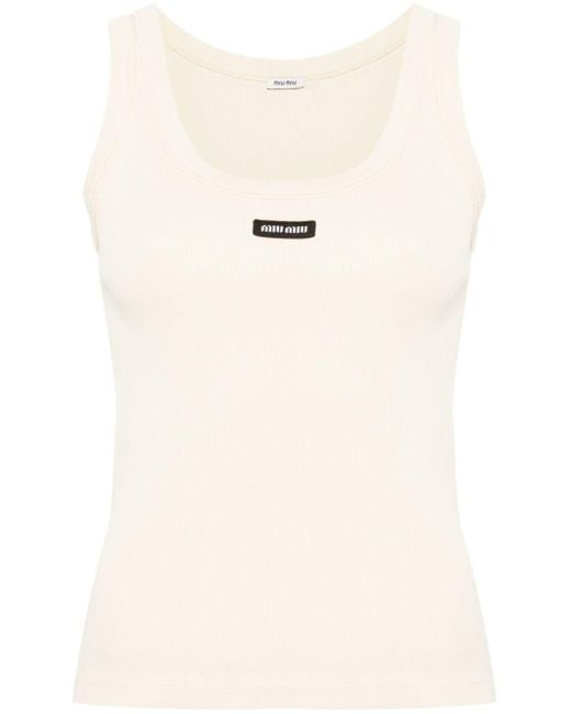Miu Miu Natural Geripptes Trägershirt Mit Logo-Patch