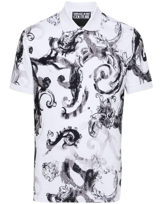 Versace White Watercolour Baroque-pattern Polo Shirt for men