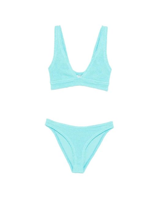 Hunza G Blue Crinkle Texture V-Neck Mini Swimwear With Wide Straps And High-Cut Briefs
