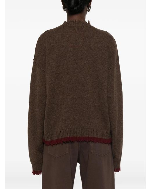 Uma Wang Brown Distressed-Effect Ribbed-Trim Sweater