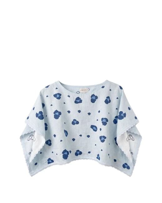 ORSINA Blue Leopard-Print Scalloped-Edge Top