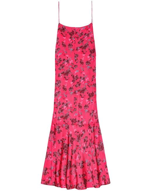 Ganni Red Floral-print Satin Slip Dress