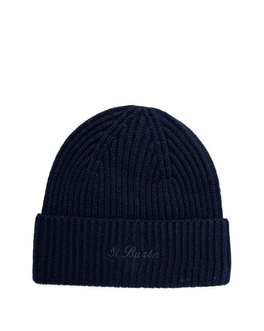 Mc2 Saint Barth Blue Ribbed-Knit Embroidered-Logo Beanie Hat