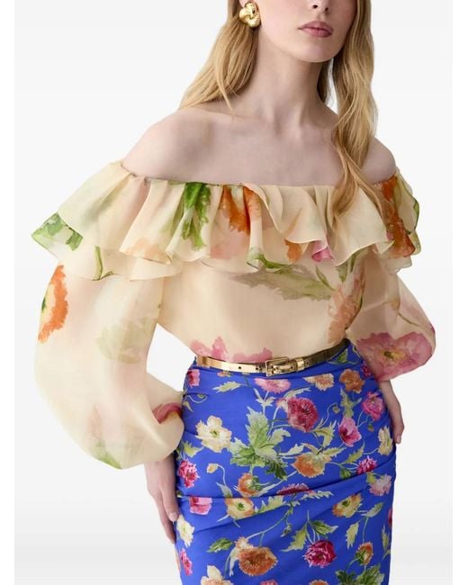 Carolina Herrera Natural Poppy-Print Organza Puff Sleeve Top