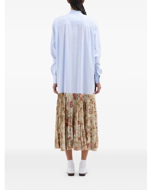 Pierre Louis Mascia White Cezhi Stripped Floral-Print Pleated Midi Shirt Dress