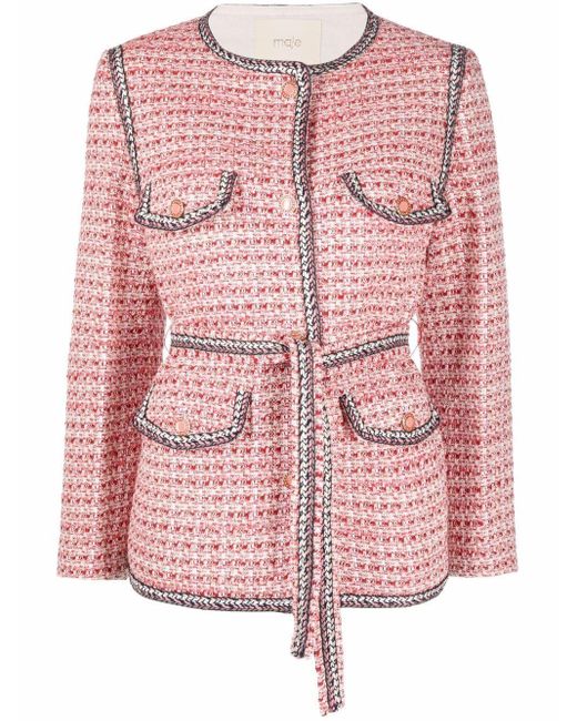 Maje Red Tweed-style Belted Jacket