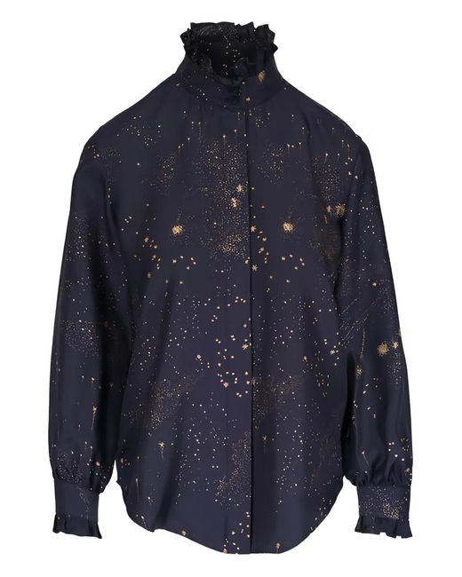 Lafayette 148 New York Blue Ink Ruffled Star Print Blouse