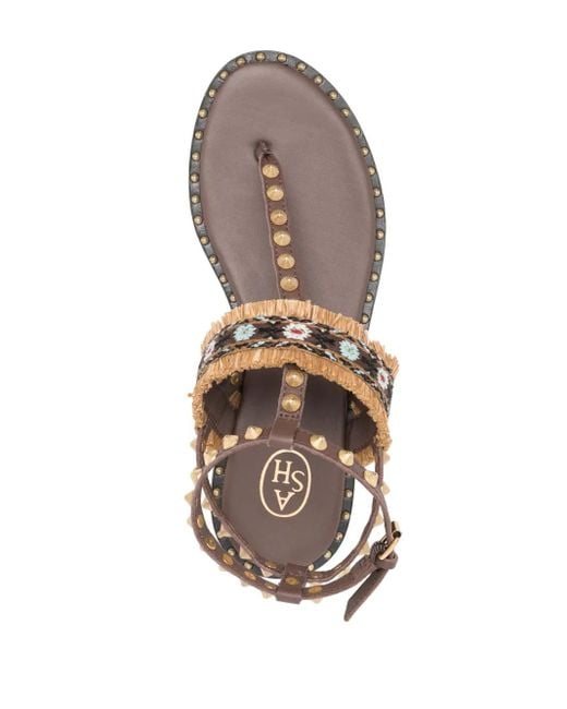Ash Brown Bead-Embellished Leather Sandals