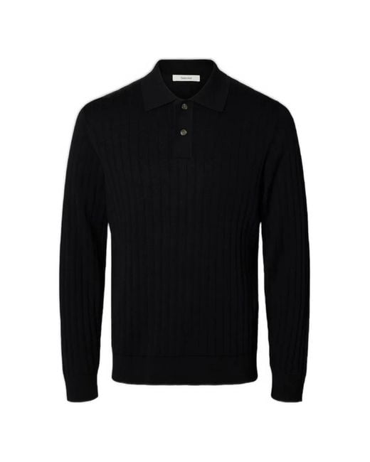 SELECTED Ribbed-Knit Polo Sweater in het Black voor heren