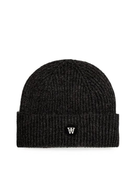 WOOD WOOD Black Ribbed-Knit Logo-Patch Beanie Hat