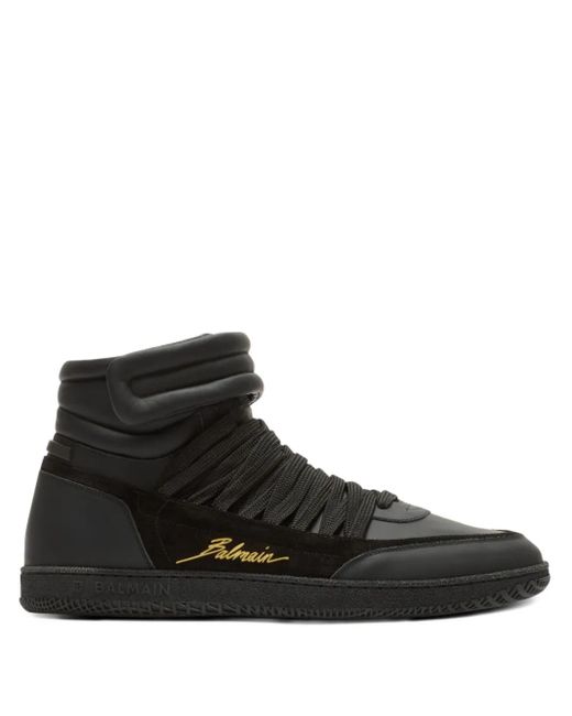 Balmain Black Leather Swan' Mid-Top Lace-Up Sneakers for men