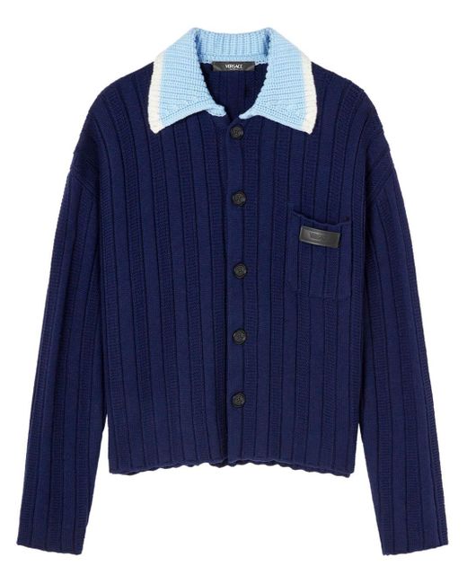 Versace Blue Contrasting Collar Knitted Shirt for men