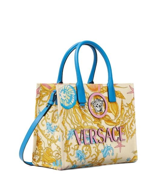 Versace Blue Underwater Barocco La Medusa Small Tote Bag