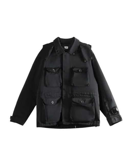 C.P. Company メンズ ブラック フラップポケット フーデッドジャケット