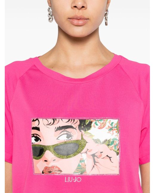 Liu Jo Pink Illustration-print Rhinestone-embellished T-shirt