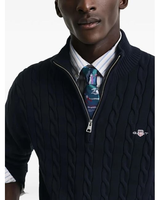 Gant Blue Cable-Knit Half-Zip Sweater for men