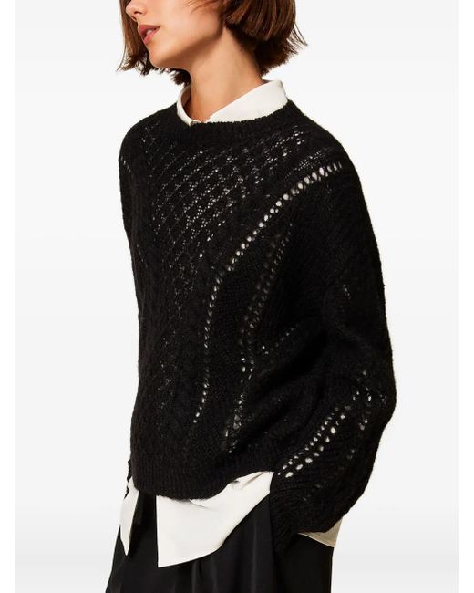 Twinset Black Openwork Wool-Blend Sweater