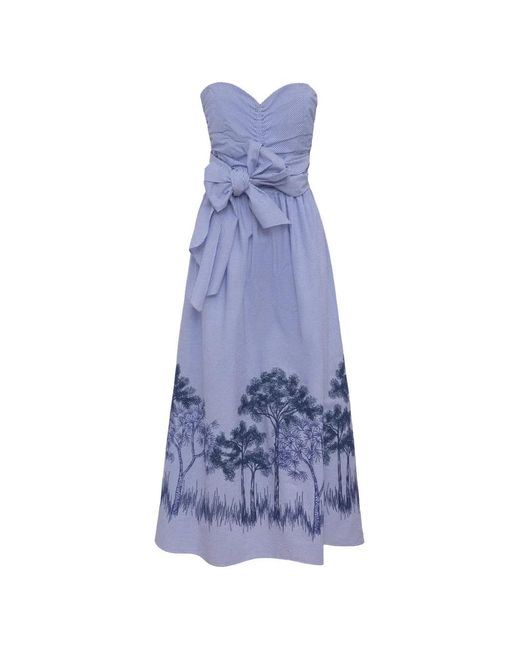 Loretta Caponi Blue Desidera Strapless Cotton Midi Dress