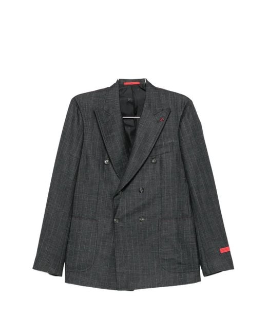 Isaia Black Pinstriped Double-Breasted Suit for men