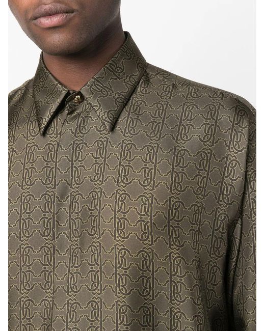 Roberto Cavalli Green Monogram-Print Silk Shirt for men