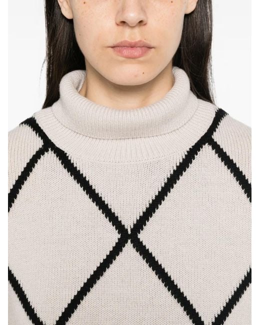 Allude Natural Argyle-Pattern Roll-Neck Sweater