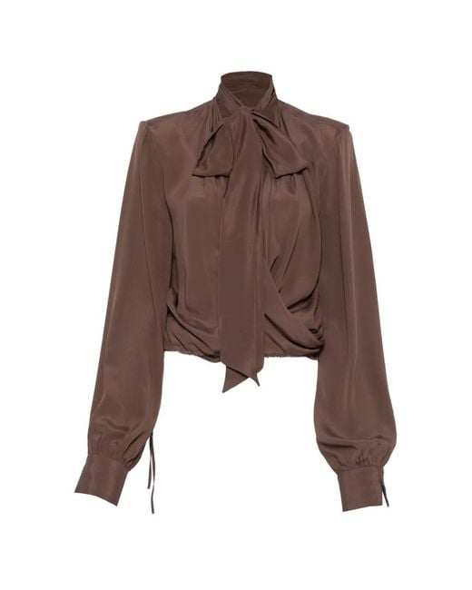 FEDERICA TOSI Brown Pussy-Bow Wrap-Style Blouse