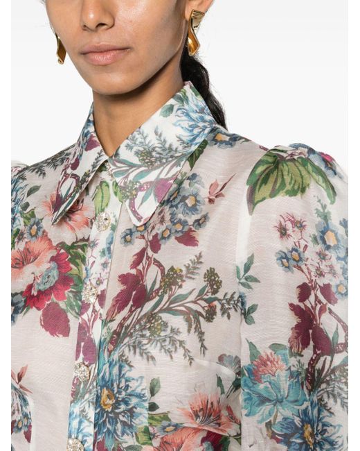 Floral-print puff-sleeve shirt di Zimmermann in Gray