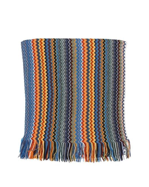 Missoni Blue Zigzag-Pattern Knit Fringed Scarf for men