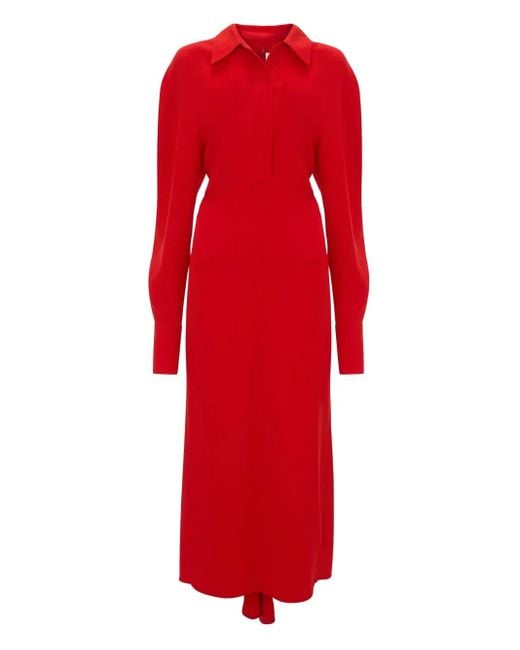 Victoria Beckham Red Long-Sleeve Polo-Collar Midi Dress