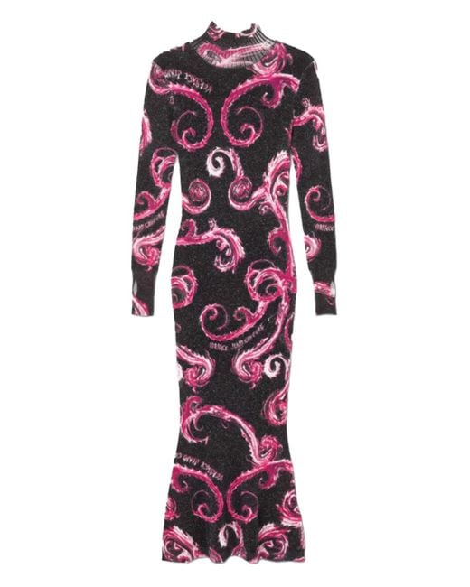 Versace Jeans Couture Red Swirl-Print High-Neck Midi Dress