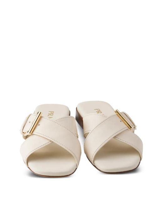 Prada White Leather Crisscross Slides With Buckle
