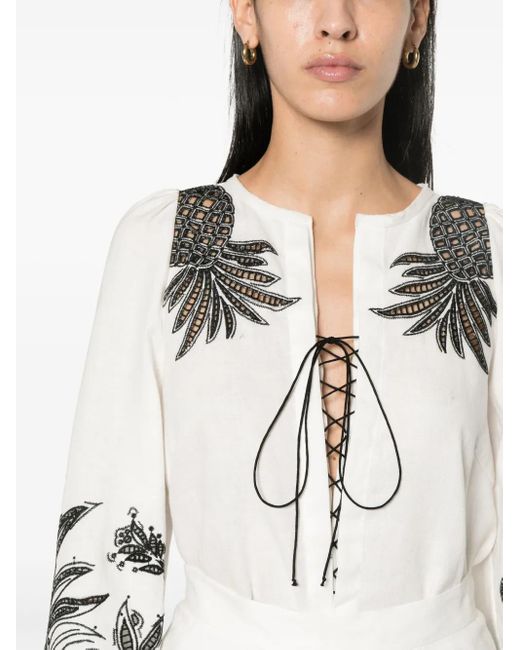 Dorothee Schumacher White Pineapple Embroidery Lace-Up Linen Blouse